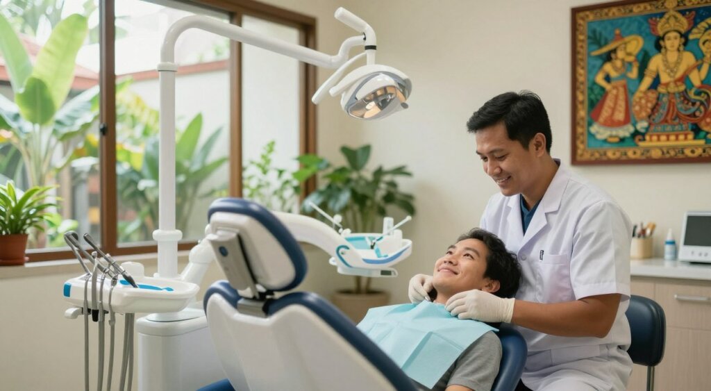 A serene Bali dental clinic interior, featuring a modern dental chair and tools arranged neatly on a countertop. In the foreground, a dentist in professional attire gently examines a patient who is relaxed, showcasing a caring atmosphere. The dentist is Asian, with a warm smile, and the patient looks content and at ease. The middle ground shows bright, natural light filtering in through large windows adorned with green plants and Balinese decor, creating a calming environment. In the background, colorful artwork reflecting Balinese culture adds an inviting touch. The overall atmosphere is peaceful and professional, capturing the essence of post-treatment dental care in Bali. Soft, warm lighting enhances the comfort of the scene.