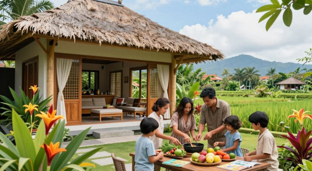 A serene Bali family villa scene illustrating educational activities. In the foreground, a diverse family of four, dressed in modest, casual clothing, engages in a hands-on cooking lesson, surrounded by vibrant tropical flowers and greenery. The middle ground features the villa's spacious open-air living area with a traditional Balinese design, showcasing bamboo and thatched roofs. Children are nearby, examining local fruits and herbs, with books and educational materials scattered around. The background reveals lush rice paddies and distant mountains under a bright blue sky, with soft, natural lighting highlighting the idyllic atmosphere. Capture this moment using a wide-angle lens at eye level, conveying a sense of warmth, learning, and cultural immersion. The overall mood is cheerful and inviting.