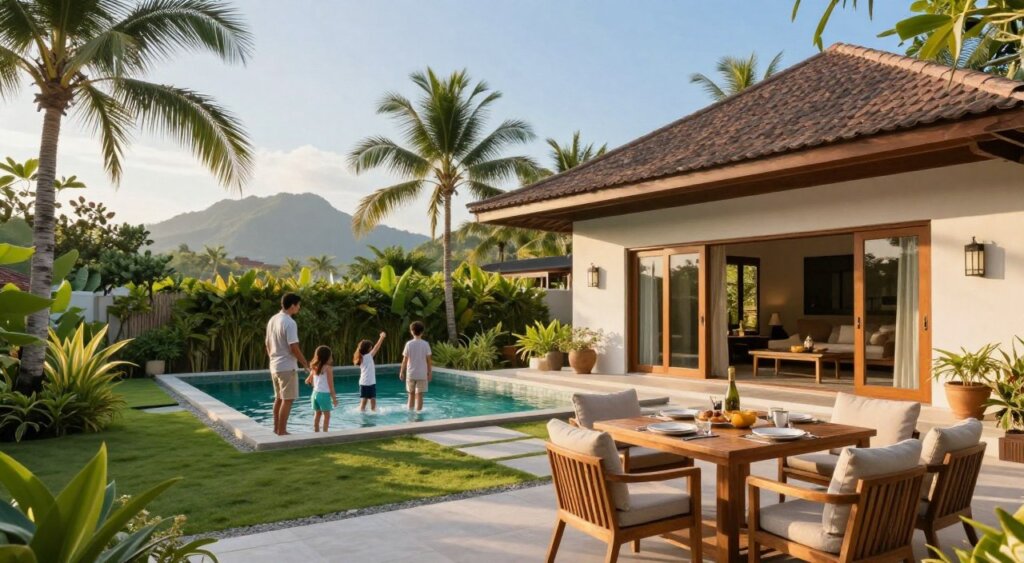 A serene Bali family villa scene, showcasing a modern, spacious exterior surrounded by lush tropical gardens. In the foreground, a cozy terrace with comfortable seating and a wooden dining table set for a meal, featuring an inviting atmosphere. In the middle ground, a family of four – two adults in modest casual clothing and two children playing – enjoying the lush surroundings and the villa’s swimming pool. The background features palm trees and distant mountains under a clear blue sky, capturing Bali’s tranquil landscape. The lighting is warm and golden, simulating the golden hour at sunset, emphasizing a relaxed and joyful vacation vibe. Shot with a wide-angle lens to create depth and perspective, evoking a sense of adventure and relaxation for families.