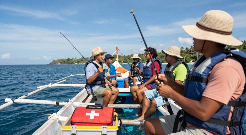 A serene Bali fishing charter scene featuring a diverse group of individuals dressed in modest casual clothing, equipped with safety gear such as life jackets and sun hats. In the foreground, close-up of a fishing rod and tackle box, emphasizing safety equipment like a first aid kit and floatation devices. In the middle, the group is enjoying a safe fishing experience on a traditional wooden boat, demonstrating teamwork while maintaining safety protocols, with a calm ocean surrounding them. The background showcases Bali's lush coastline and vibrant blue skies under bright, natural sunlight, creating a warm and inviting atmosphere. The composition captures a candid moment of joy and safety, highlighting the beauty and excitement of Bali fishing charters while ensuring a focus on safety guidelines. The image should have a clear focus with a shallow depth of field to enhance the subject.