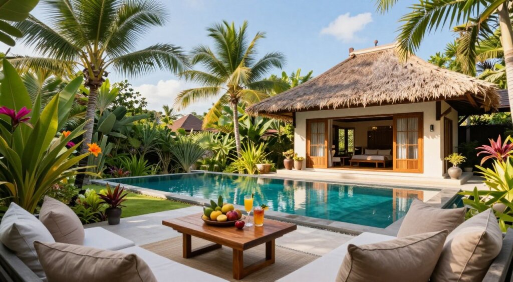A serene Bali long-term rental setting, featuring a spacious and elegantly furnished outdoor living area surrounded by tropical greenery. In the foreground, a comfortable lounge area with plush cushions and a wooden coffee table, showcasing tropical fruits and refreshments. The middle ground includes a sparkling infinity pool reflecting the clear blue sky, accented with lush palm trees and vibrant flowers. In the background, a traditional Balinese villa with thatched roofs and large open windows offers a glimpse of an inviting, airy interior filled with natural light. The scene is bathed in warm, golden sunlight, creating a tranquil and inviting atmosphere, perfect for relaxation. The composition is taken from a slightly elevated angle, capturing the beauty of the amenities in this idyllic tropical paradise.