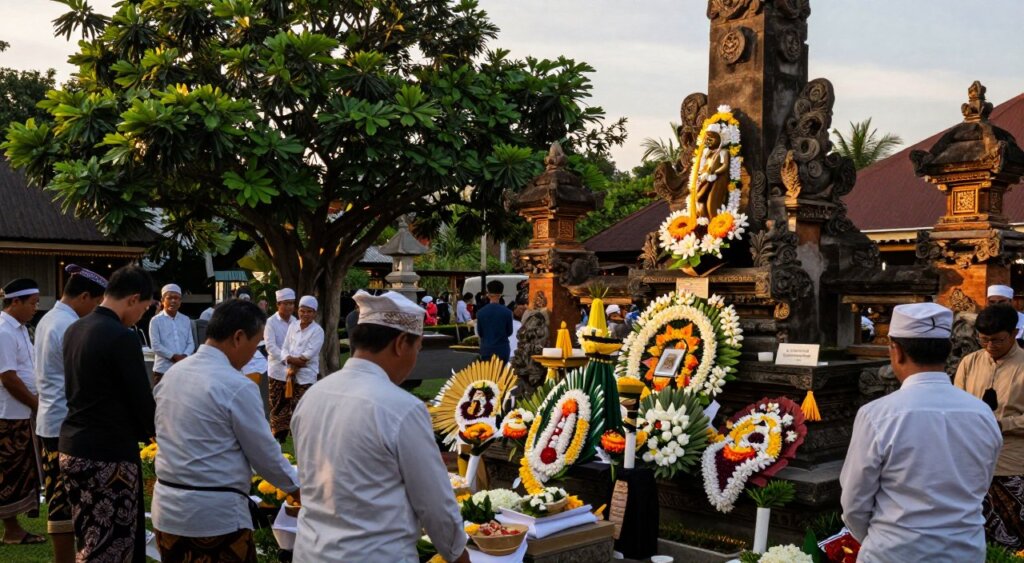 A serene Bali memorial ceremony, set during the golden hour of dusk. In the foreground, individuals dressed in respectful, modest attire are seen placing floral tributes at the foot of a beautifully adorned monument. The middle ground features intricately carved stone lanterns and traditional Balinese offerings, creating an atmosphere of reverence. In the background, lush green trees frame the scene, while soft, warm lighting casts gentle shadows, enhancing the peaceful ambiance. Capture the emotional weight of the moment with a focus on the expressions of the attendees, subtly conveying their respect and remembrance. Use a wide-angle lens to encapsulate the surroundings, ensuring a sense of place while creating a National Geographic-style photojournalistic feel. The image should reflect a tranquil yet somber mood, inviting viewers to connect with the significance of the memorial.