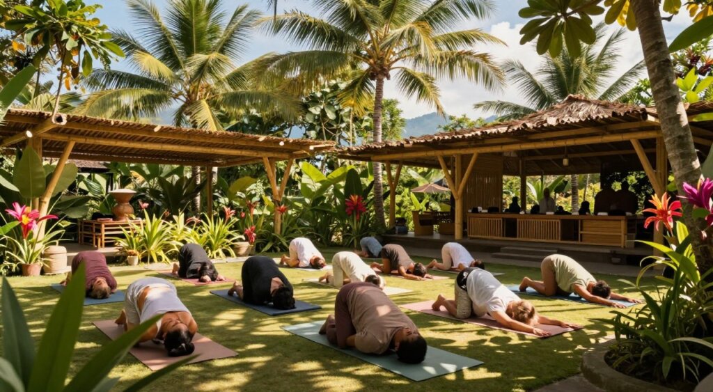 A serene Bali yoga meditation retreat scene, showcasing a tranquil outdoor space surrounded by lush greenery. In the foreground, a diverse group of individuals, dressed in modest casual clothing, engages in various yoga poses on yoga mats. In the middle ground, large bamboo structures provide shade, while vibrant tropical flowers add splashes of color. The background features tall palm trees against a bright blue sky, with hints of distant mountains. Soft, warm sunlight filters through the leaves, creating dappled patterns on the ground, enhancing the peaceful atmosphere. Capture the scene from a slightly elevated angle to provide depth, focusing on the connection between the participants and nature, evoking a sense of tranquility and self-discovery.