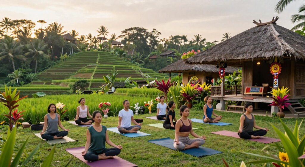 A serene Bali yoga retreat scene, showcasing a peaceful outdoor yoga session amidst lush, tropical greenery. In the foreground, a diverse group of individuals in modest, comfortable yoga attire practice asanas on colorful mats. Their expressions convey tranquility and focus. The middle ground features rustic wooden structures adorned with vibrant Balinese decorations, surrounded by exotic plants and flowers. In the background, majestic rice terraces rise gently under a soft, golden sunrise, illuminating the landscape with warm light. The atmosphere is calm and harmonious, reflecting a deeper connection to nature and culture, perfect for cultural immersion. Capture this moment with a wide-angle lens to include the expansive environment, ensuring crisp detail in both subjects and scenery, with natural lighting enhancing the lush colors. A serene Bali yoga retreat scene, showcasing a peaceful outdoor yoga session amidst lush, tropical greenery. In the foreground, a diverse group of individuals in modest, comfortable yoga attire practice asanas on colorful mats. Their expressions convey tranquility and focus. The middle ground features rustic wooden structures adorned with vibrant Balinese decorations, surrounded by exotic plants and flowers. In the background, majestic rice terraces rise gently under a soft, golden sunrise, illuminating the landscape with warm light. The atmosphere is calm and harmonious, reflecting a deeper connection to nature and culture, perfect for cultural immersion. Capture this moment with a wide-angle lens to include the expansive environment, ensuring crisp detail in both subjects and scenery, with natural lighting enhancing the lush colors.