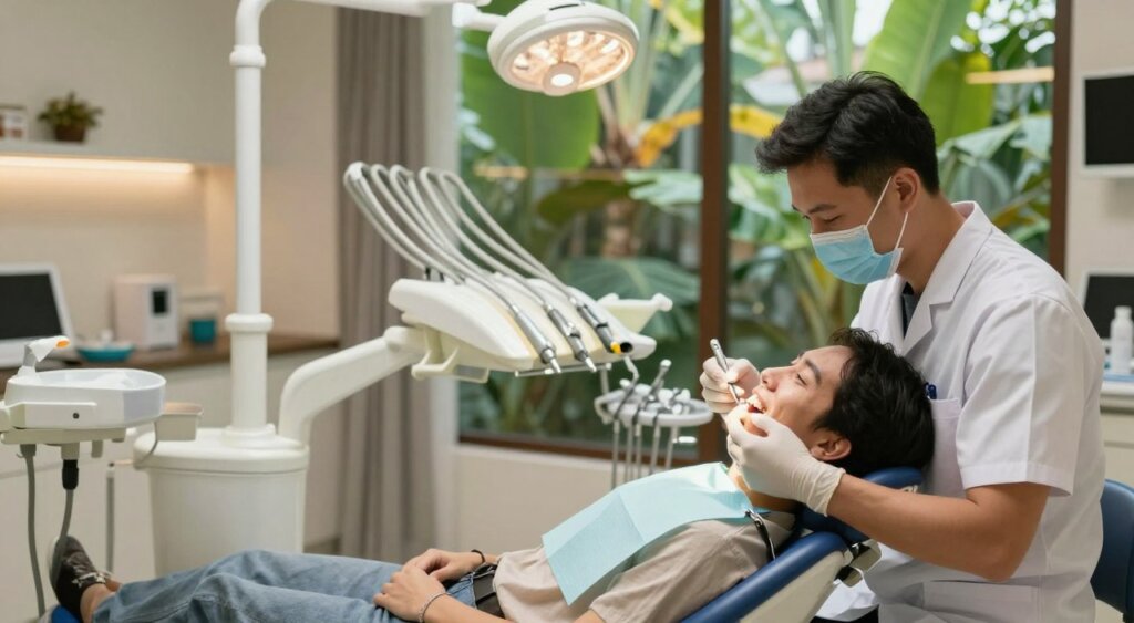 A serene Balinese dental clinic, showcasing an elegant and modern interior. In the foreground, a dentist in professional attire is gently examining a patient's teeth, emphasizing a friendly and caring interaction. The patient, dressed in modest casual clothing, is relaxing on the dental chair with a reassuring smile. In the middle background, dental equipment and treatment tools gleam under soft, warm lighting, enhancing an inviting atmosphere. Lush tropical foliage visible through large windows offers a glimpse of Bali's natural beauty, creating a harmonious blend of healthcare and nature. The image captures a moment of comfort and professionalism, highlighting the advanced cosmetic dentistry practices available in Bali, framed beautifully in a photographic style reminiscent of National Geographic's high-quality visuals.