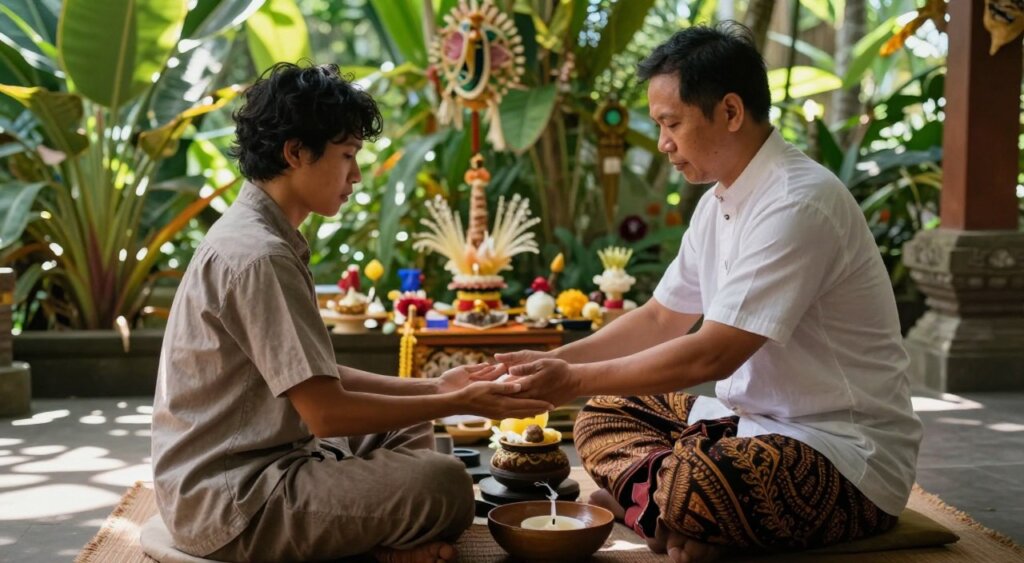 A serene Balinese energy healing scene set in a tranquil outdoor environment. In the foreground, a healer, dressed in modest traditional Balinese attire, performs a ritual with gentle hand movements over a seated participant, who is dressed in comfortable, modest clothing. The middle ground features lush tropical plants and decorative offerings, typical of Balinese spirituality, creating a sense of peace and reverence. In the background, soft natural light filters through the leafy canopy, casting dappled shadows on the ground, enhancing the tranquil atmosphere. The mood is one of relaxation and spiritual connection, as the healer and participant engage in a profound moment of healing and energy exchange, evoking the essence of Balinese spirituality. The composition is balanced, with a focus on natural colors and harmonious elements of the healing process.