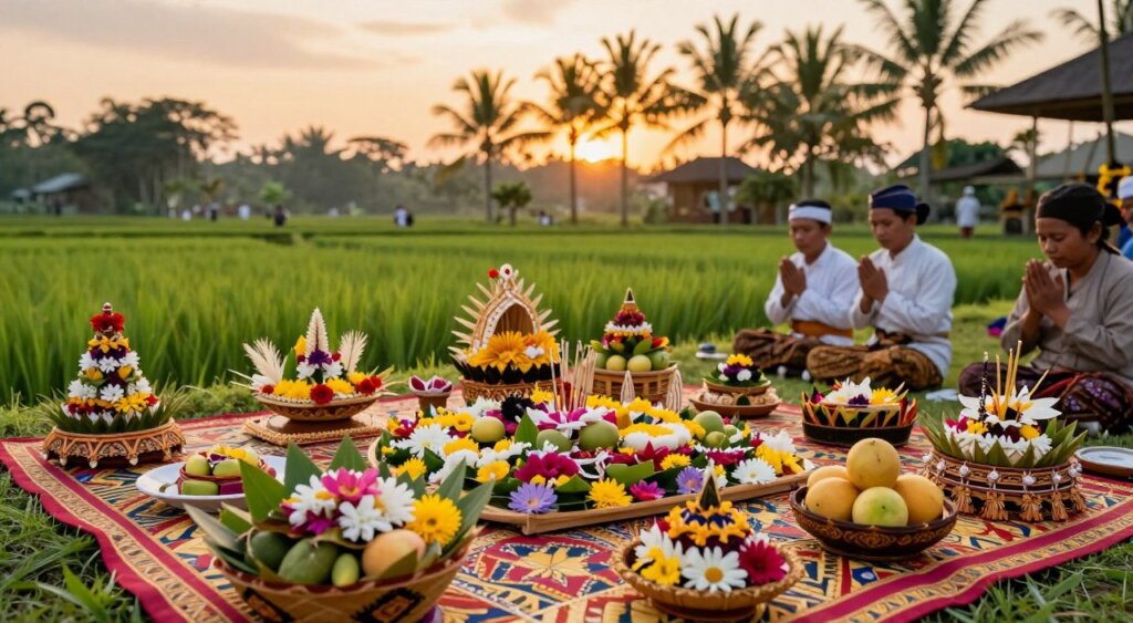 A serene Balinese landscape during the Kuningan Ancestral Spirits Ceremony, showcasing intricate Kuningan offerings artfully arranged on a vibrant, traditional woven mat. In the foreground, close-up details of beautifully crafted offerings, such as handcrafted canang sari with colorful flowers, fresh fruits, and incense sticks, create a rich texture. The middle ground features a soft-focus view of worshippers in traditional Balinese attire, respectfully engaging in prayer, adding a sense of reverence. In the background, lush green rice paddies and gently swaying palm trees under a golden sunset sky envelop the scene in warm light, creating an inviting and tranquil atmosphere. Capture the image with a wide-angle lens to encompass the beauty of the setting, emphasizing the connection between nature and spiritual practice, evoking feelings of peace and connection to ancestral spirits.