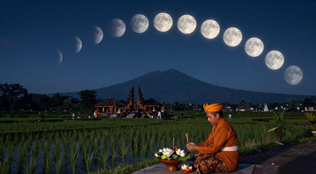 A serene Balinese landscape under a full moon illuminates the night sky, showcasing the various lunar phases gradually transitioning from new moon to full moon in a circular layout above. In the foreground, a modestly dressed Balinese priest performs a traditional cleansing ritual, incorporating lotus flowers and incense. The middle ground features a tranquil temple surrounded by lush rice paddies reflecting moonlight, while the distant mountains cradle the scene. Soft, natural lighting casts gentle shadows, and a wide-angle lens captures the expansive night sky. Evoke a mystical, spiritual atmosphere, emphasizing connection with nature and harmony with the lunar cycle, promoting a sense of peace and reflection. A serene Balinese landscape under a full moon illuminates the night sky, showcasing the various lunar phases gradually transitioning from new moon to full moon in a circular layout above. In the foreground, a modestly dressed Balinese priest performs a traditional cleansing ritual, incorporating lotus flowers and incense. The middle ground features a tranquil temple surrounded by lush rice paddies reflecting moonlight, while the distant mountains cradle the scene. Soft, natural lighting casts gentle shadows, and a wide-angle lens captures the expansive night sky. Evoke a mystical, spiritual atmosphere, emphasizing connection with nature and harmony with the lunar cycle, promoting a sense of peace and reflection.