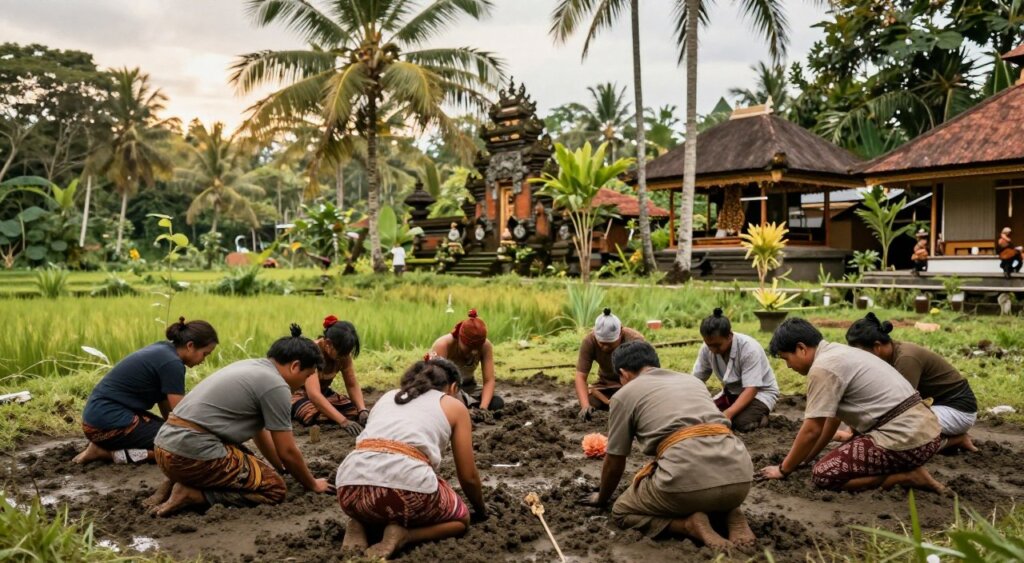 A serene Balinese mud ritual scene, capturing participants engaged in sacred healing practices. In the foreground, a diverse group of individuals dressed in modest, traditional Balinese attire kneel in the rich, dark mud, their hands gently molding the earth. The middle ground features a lush, green landscape typical of Kedonganan, with palm trees swaying gently in the breeze. In the background, a traditional Balinese temple can be seen, adorned with intricate carvings, partially obscured by tropical foliage. Soft, diffused natural light casts a warm glow over the scene, creating a peaceful, sacred atmosphere. The angle is slightly elevated, providing a broad view of the ritual and the surrounding beauty of nature, evoking a sense of calm and connection to earth and spirituality.