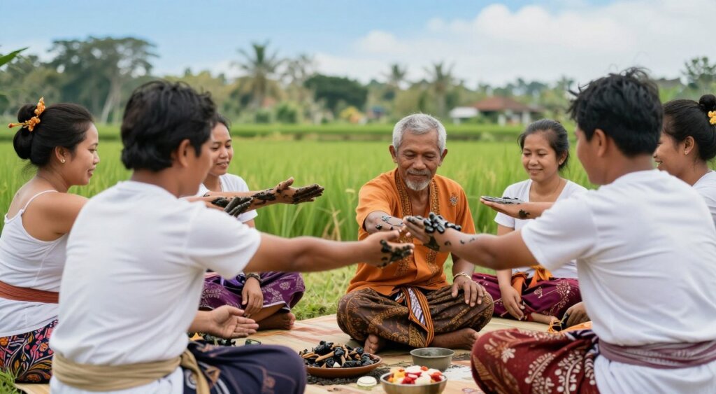 A serene Balinese mud ritual scene in Kedonganan, featuring individuals engaged in a traditional healing process. In the foreground, a group of participants, dressed in modest, colorful sarongs and simple white tops, are playfully applying mud to each other's arms, their faces expressing joy and connection. The middle ground showcases a healer, adorned in traditional Balinese attire, guiding the participants with gentle gestures and a serene smile. In the background, lush green rice paddies under a bright blue sky evoke a sense of tranquility. Soft, natural lighting enhances the warm tones of the scene, while the camera angle captures both the intimacy of the ritual and the surrounding nature, creating a peaceful and immersive atmosphere. The overall mood is one of community, healing, and cultural appreciation.