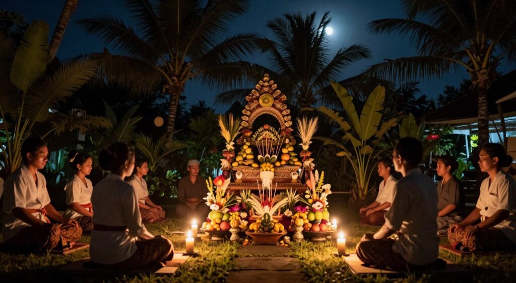 A serene Balinese night ritual scene, capturing the key elements of Siwaratri Day. In the foreground, a group of individuals dressed in simple but elegant traditional attire, gathered in calm meditation, surrounded by candles flickering softly. In the middle, a beautifully adorned altar displaying offerings of fruits, flowers, and incense, all set against lush tropical greenery. The background features shadowy outlines of palm trees under a starry sky, with a gentle moon casting a soft glow over the atmosphere. The composition should evoke a sense of tranquility and reverence, shot from a low angle to emphasize the ritual's importance, with warm, inviting lighting enhancing the peaceful vibe of this spiritual gathering.