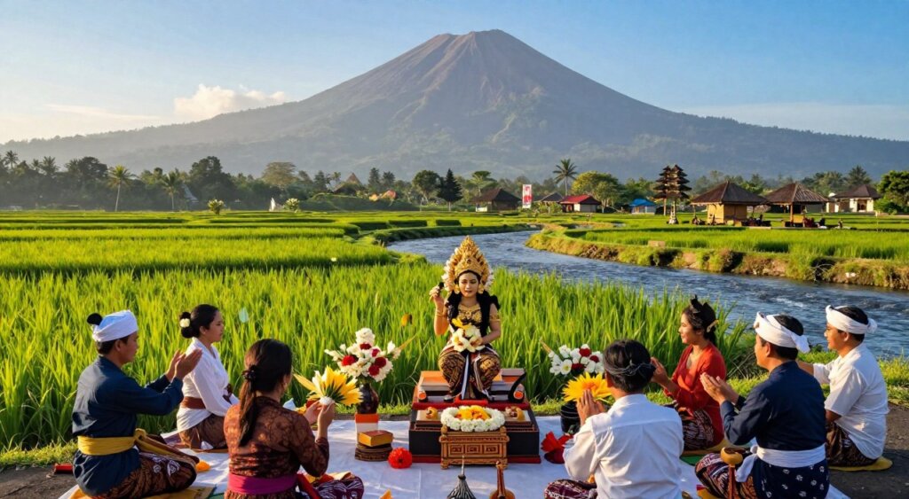 A serene Balinese scene depicting the relationship between Saraswati Day and Pagerwesi Day. In the foreground, a diverse group of individuals dressed in traditional Balinese attire offers elaborate floral offerings at a beautifully decorated altar dedicated to Goddess Saraswati, surrounded by books and musical instruments symbolizing knowledge and arts. In the middle ground, vibrant green rice paddies reflect the spiritual connection between the two days, with a peaceful river flowing through, symbolizing the flow of wisdom and knowledge. The background features majestic volcanic mountains under a clear blue sky, bathed in soft, golden sunlight that casts gentle shadows, creating a tranquil and respectful atmosphere. Capture this scene with a wide-angle lens, ensuring depth and detail, reminiscent of National Geographic photography.