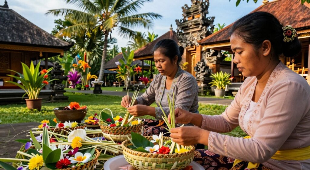 A serene Balinese scene featuring women skillfully crafting traditional offerings, known as "canang" in a vibrant village setting. In the foreground, two women dressed in modest, colorful traditional attire are intently arranging delicate flowers, leaves, and other natural materials into intricate woven baskets. Their hands are busy as they create these beautiful offerings, embodying grace and dedication. The middle ground reveals a lush tropical garden, dotted with coconut trees and bright tropical flowers, enhancing the cultural atmosphere. In the background, traditional Balinese architecture features ornate carvings and temple structures under a clear blue sky, illuminated by warm, soft sunlight. The overall mood is serene and reverent, capturing the importance of this sacred ritual within the fabric of Balinese culture, in a style reminiscent of National Geographic photojournalism.