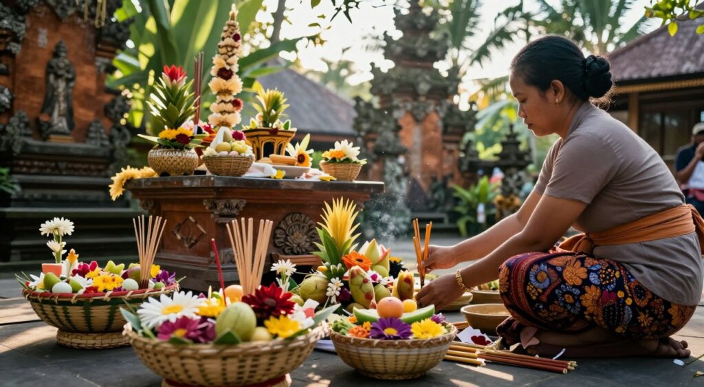 A serene Balinese setting captures an individual dressed in modest, colorful traditional attire preparing offerings for a Full Moon Tilem spiritual cleansing ritual. In the foreground, intricate woven baskets filled with vibrant flowers, fruits, and incense create a detailed focal point. The middle of the scene showcases a wooden altar adorned with additional offerings, bathed in soft, warm sunlight filtering through lush green foliage. In the background, the silhouette of a tranquil temple and palm trees adds depth to the environment. The image conveys a peaceful and reflective atmosphere, evoking the sacredness of the ritual. Use a slight overhead angle to highlight the offerings and enhance the sense of preparation. The overall mood should be calm and spiritual, reminiscent of a National Geographic photojournalism style. A serene Balinese setting captures an individual dressed in modest, colorful traditional attire preparing offerings for a Full Moon Tilem spiritual cleansing ritual. In the foreground, intricate woven baskets filled with vibrant flowers, fruits, and incense create a detailed focal point. The middle of the scene showcases a wooden altar adorned with additional offerings, bathed in soft, warm sunlight filtering through lush green foliage. In the background, the silhouette of a tranquil temple and palm trees adds depth to the environment. The image conveys a peaceful and reflective atmosphere, evoking the sacredness of the ritual. Use a slight overhead angle to highlight the offerings and enhance the sense of preparation. The overall mood should be calm and spiritual, reminiscent of a National Geographic photojournalism style.