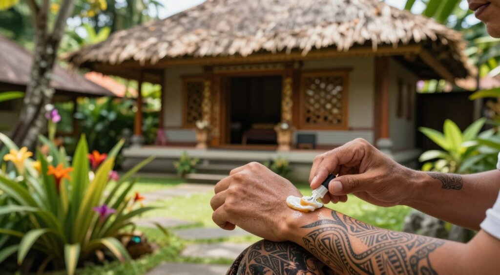 A serene Balinese setting focusing on tattoo aftercare. In the foreground, a hand gently applying a soothing tattoo ointment onto a freshly inked arm, showcasing intricate tribal designs. The middle ground features a lush, tropical garden with vibrant green plants and colorful flowers, creating a calming atmosphere. In the background, a traditional Balinese home with thatched roofs and intricate carvings adds an authentic touch to the scene. Soft, natural lighting filters through the trees, casting dappled shadows, evoking a peaceful and nurturing vibe. The image should have a warm color palette, capturing the essence of Bali, and be shot with a shallow depth of field to emphasize the tattoo care process while keeping the surrounding beauty in focus.
