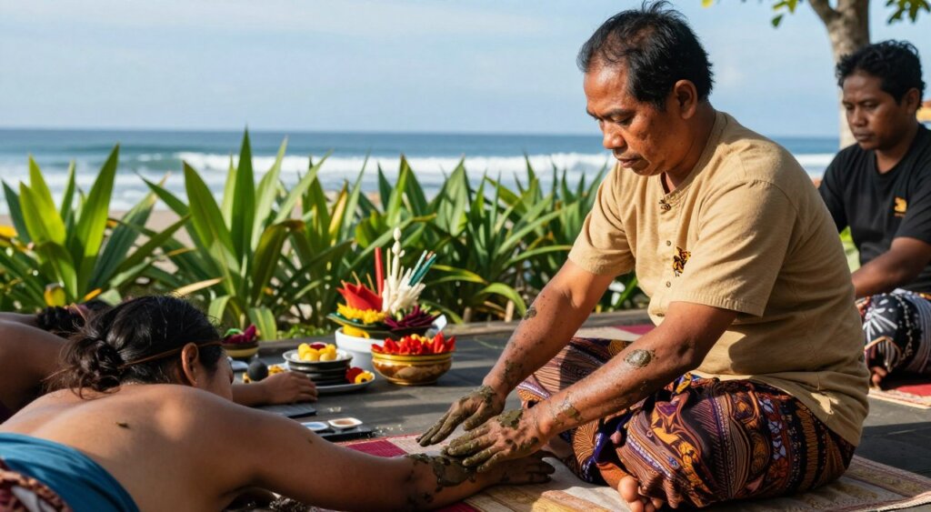 A serene Balinese spiritual healing scene in Kedonganan, featuring a traditional healer dressed in modest, colorful attire, performing a calming mud ritual. In the foreground, the healer gently applies mud to a participant's arms, showcasing a connection between nature and spirituality. The middle ground reveals lush green tropical plants and traditional Balinese offerings, creating a tranquil atmosphere. In the background, the soothing waves of the ocean and a clear blue sky contribute to the peaceful setting. The scene is bathed in soft, natural sunlight, casting gentle shadows that enhance the sense of authenticity. Capture this intimate moment with a wide-angle lens, emphasizing warmth and harmony, ensuring a deep focus on the participants' serene expressions reflecting relaxation and cultural spirituality.