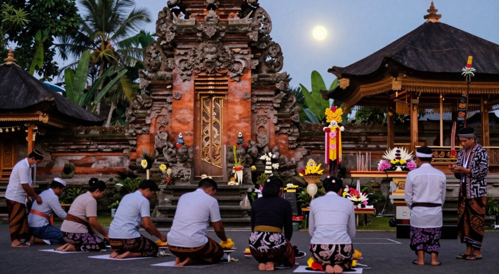 A serene Balinese temple scene during the Full Moon Tilem, showcasing the cultural etiquette of the region. In the foreground, a group of respectfully dressed individuals in traditional Balinese attire, such as the kebaya for women and batik for men, engage in spiritual cleansing rituals. The middle ground features intricately carved stone structures adorned with vibrant floral offerings and incense, creating a sense of spiritual fulfillment. In the background, lush tropical foliage and the soft glow of the full moon illuminate the temple, enhancing the tranquil atmosphere. The lighting is natural, with a soft focus that captures the essence of a sacred moment, evoking a sense of peace and reverence in this culturally rich setting. A serene Balinese temple scene during the Full Moon Tilem, showcasing the cultural etiquette of the region. In the foreground, a group of respectfully dressed individuals in traditional Balinese attire, such as the kebaya for women and batik for men, engage in spiritual cleansing rituals. The middle ground features intricately carved stone structures adorned with vibrant floral offerings and incense, creating a sense of spiritual fulfillment. In the background, lush tropical foliage and the soft glow of the full moon illuminate the temple, enhancing the tranquil atmosphere. The lighting is natural, with a soft focus that captures the essence of a sacred moment, evoking a sense of peace and reverence in this culturally rich setting.