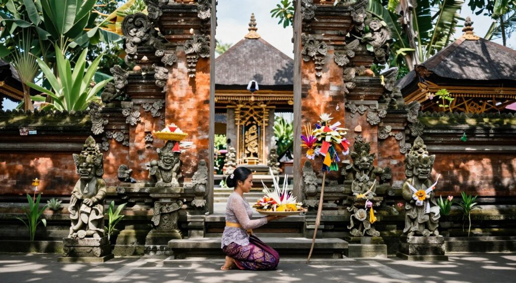 A serene Balinese temple scene, focusing on the intricate stone carvings and ornate gates adorned with vibrant traditional offerings. In the foreground, a Balinese woman dressed in traditional attire—an elegant kebaya and sarong—kneels respectfully, holding a tray of canang sari (offerings). The middle ground features lush tropical greenery and temple statues, while the background reveals the majestic temple structure with its tiered roofs under soft, diffused sunlight that filters through the foliage, casting dappled shadows. Capture this moment from a slightly elevated angle, evoking a sense of tranquility and reverence, showcasing the essence of Balinese cultural norms and temple etiquette in an authentic, photojournalistic style. Ensure the entire composition conveys a peaceful atmosphere, free of distractions or modern elements.