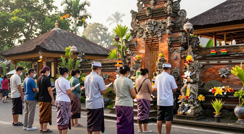 A serene Balinese temple scene in Kuta, showcasing the delicate etiquette and tourist safety measures. In the foreground, a diverse group of travelers dressed in modest casual attire respectfully observing traditional rituals, with women wearing sarongs and men in light short-sleeve shirts. The middle ground features ornate temple architecture, finely carved stone statues adorned with offerings, and vibrant tropical flowers. In the background, lush greenery surrounds the temple, with a soft haze filtering through the trees, creating a peaceful atmosphere. The lighting is warm and natural, mimicking the golden hour, enhancing the colors of the temple and surroundings. The image captures a sense of cultural immersion, respect, and safety, highlighting the importance of understanding local customs while integrating into the community.