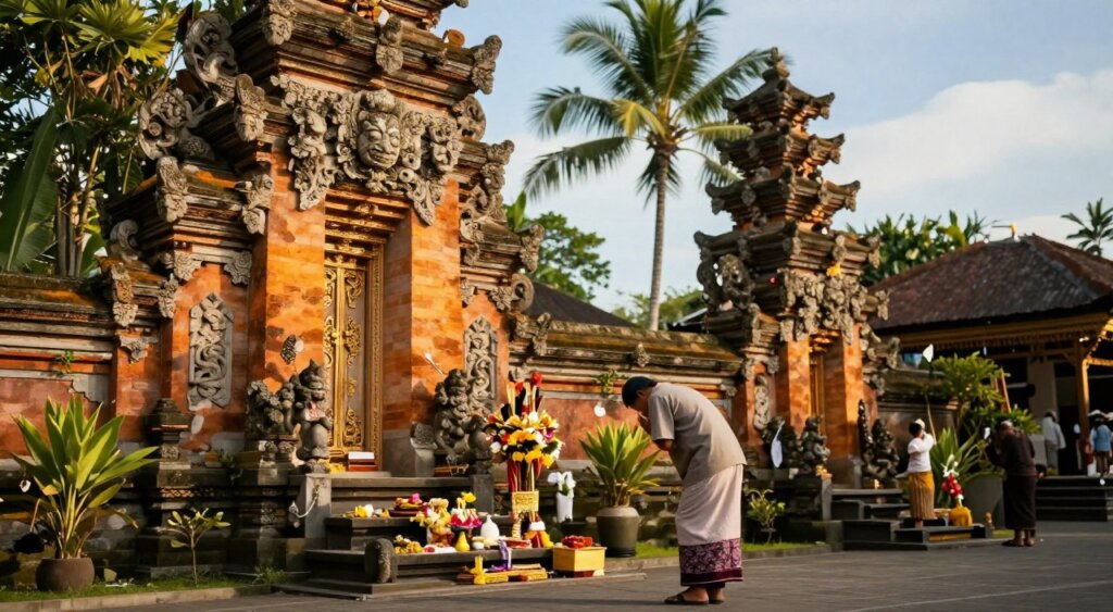 A serene Balinese temple setting bathed in warm golden sunlight, showcasing intricate stone carvings and lush greenery surrounding the temple. In the foreground, a respectful visitor dressed in modest, casual attire bows slightly in prayer, demonstrating proper etiquette. Include a rich tapestry of vibrant offerings laid at the temple's entrance, illustrating the local customs. The middle ground features the temple's towering pagoda, ornate with traditional Balinese architecture. In the background, palm trees sway gently in the breeze against a bright blue sky, enhancing the tranquil atmosphere. Capture the scene from a slightly elevated angle, using soft focus for the background to emphasize the visitor's respectful presence. The overall mood should evoke a sense of peace and reverence, reflecting the importance of mindful engagement with cultural heritage.