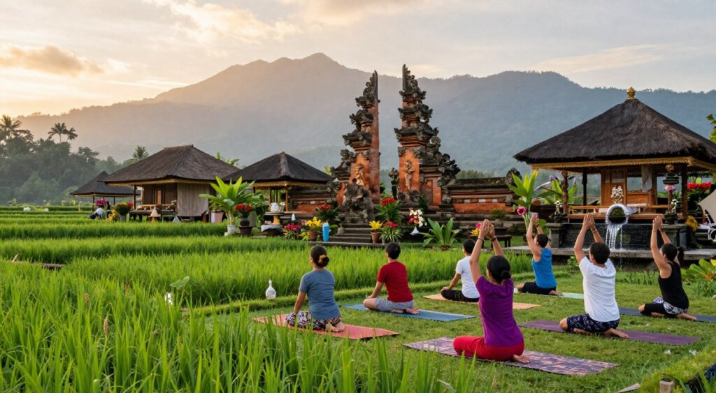 A serene Balinese yoga retreat, capturing the rich culture and heritage of Bali. In the foreground, a tranquil outdoor yoga class with individuals practicing in modest, vibrant attire, surrounded by lush green rice paddies. The middle ground features a traditional Balinese temple with intricately carved details, blending harmoniously with tropical flowers and cascading water elements. In the background, silhouettes of majestic mountains under a soft, golden sunrise, casting gentle light on the scene. The atmosphere conveys peace and spiritual awakening, emphasizing harmony with nature. Use a wide-angle lens to capture the scene with vibrant colors and soft, warm lighting, evoking a sense of tranquility and connection to Balinese traditions.