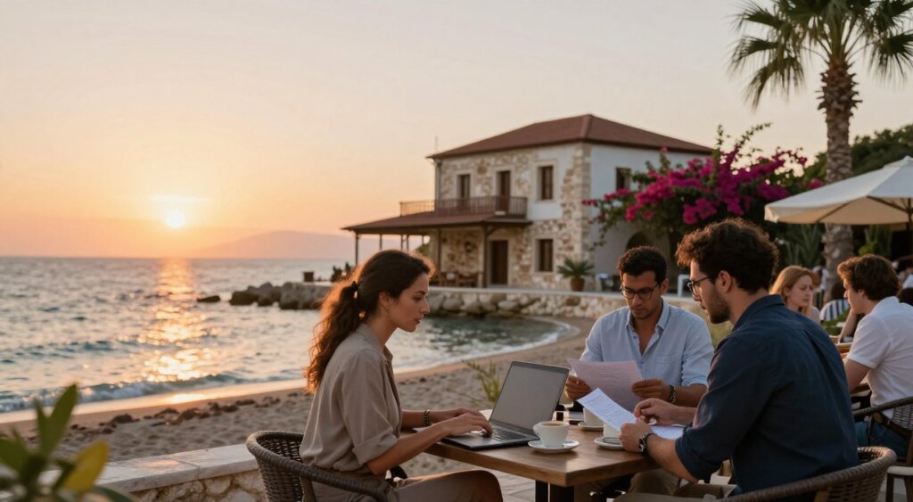 A serene Cypriot beach setting at sunset, capturing the essence of digital nomad life. In the foreground, a diverse group of professionals, including a woman in a smart casual outfit typing on a laptop and a man checking documents, are engaged in discussions over coffee in a cozy outdoor café. The middle ground features a charming stone building embodying traditional Cypriot architecture, framed by palm trees and colorful bougainvillea. In the background, the glimmering sea reflects the warm hues of the setting sun. Utilize soft, golden lighting to enhance the tranquil atmosphere, with a slight depth of field focus on the foreground subjects for a photojournalistic style. The composition exudes productivity and relaxation, showcasing the balance of work and leisure for digital nomads in Cyprus.