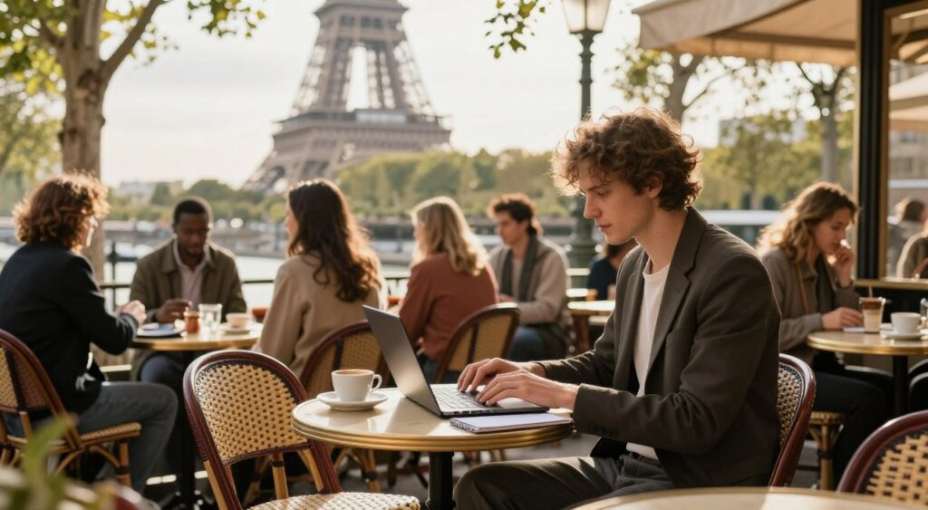 A serene Parisian café scene, showcasing a digital nomad at work. In the foreground, a focused person in smart casual attire sits at a small round table, typing on a laptop, surrounded by a cozy ambiance. Their desk features coffee cups and a notebook, emphasizing productivity. The middle ground captures patrons enjoying the café atmosphere, with a mix of locals and travelers, reflecting cultural diversity. The background reveals iconic Parisian architecture, including the Eiffel Tower peeking through lush trees, bathed in warm, golden afternoon light. A soft bokeh effect enhances the depth, creating an inviting and professional mood that embodies the essence of working remotely in France.