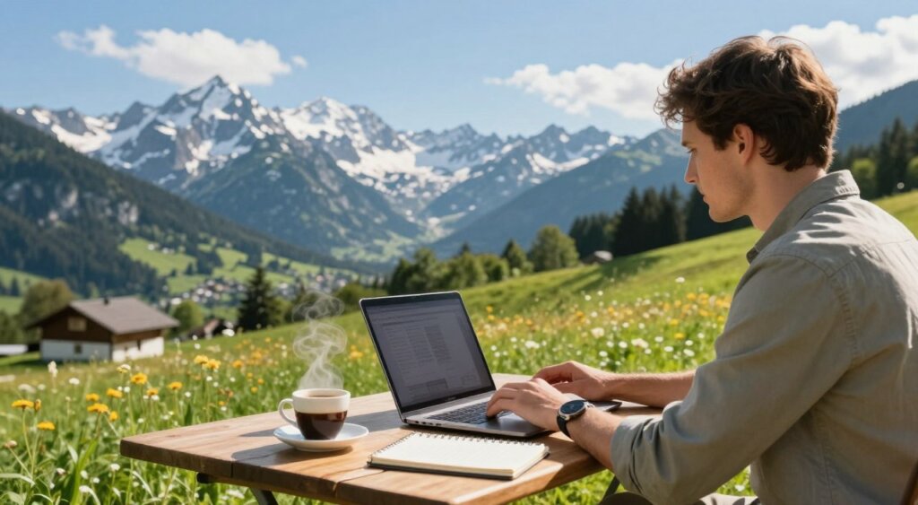 A serene alpine view in Slovenia featuring a professional-looking individual working remotely. In the foreground, a wooden table with a laptop, a steaming cup of coffee, and a notepad, hinting at productivity. The person is casually dressed in comfortable yet smart clothing, engaged with the laptop while enjoying the stunning scenery. In the middle ground, lush green meadows dotted with wildflowers lead up to majestic snow-capped mountains. The background showcases a clear blue sky with a few wispy clouds. The sunlight casts a warm, inviting glow on the scene, creating an uplifting and tranquil atmosphere, ideal for remote work. The image captures the balance of nature and productivity, reflecting a harmonious lifestyle.