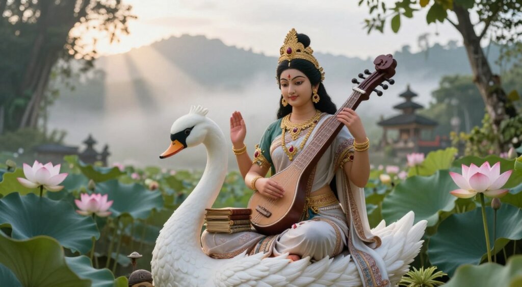 A serene and captivating depiction of Goddess Saraswati in her traditional form, surrounded by elements symbolizing knowledge and wisdom. In the foreground, she is gracefully seated on a white swan, holding a veena (musical instrument) and a stack of ancient scriptures. Her attire is intricately detailed with elegant patterns, embodying cultural richness. In the middle ground, delicate lotus flowers bloom, while soft rays of sunlight filter through lush greenery, creating a tranquil atmosphere. The background features a misty, ethereal landscape of the Bali mountains and sacred sites, hinting at the ancient origins of the goddess. The image should be captured in a naturalistic lighting style, simulating a late afternoon glow, with a focus on soft textures and colors that evoke a sense of reverence and peace.