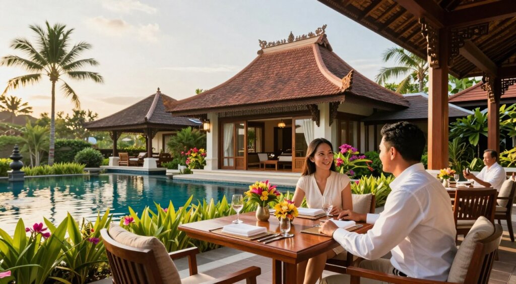 A serene and elegant scene showcasing a luxurious 5-star hotel setting in Bali, specifically the Ramayana Resort & Spa in Kuta. In the foreground, a well-dressed couple sits at a beautifully arranged table on a private terrace, with polished mahogany furniture and tropical flowers as centerpieces. Their expressions reflect satisfaction and delight, capturing the essence of guest reviews. In the middle ground, the hotel's stunning architecture, adorned with traditional Balinese elements, stands majestically, surrounded by lush greenery and vibrant flowers. The background features the tranquil swimming pool, glistening under warm golden sunlight, with palm trees swaying gently. The atmosphere is inviting and relaxed, evoking the luxurious experience guests rave about. The image should be captured with a wide-angle lens to showcase depth and draw attention to the exquisite details of the resort. A serene and elegant scene showcasing a luxurious 5-star hotel setting in Bali, specifically the Ramayana Resort & Spa in Kuta. In the foreground, a well-dressed couple sits at a beautifully arranged table on a private terrace, with polished mahogany furniture and tropical flowers as centerpieces. Their expressions reflect satisfaction and delight, capturing the essence of guest reviews. In the middle ground, the hotel's stunning architecture, adorned with traditional Balinese elements, stands majestically, surrounded by lush greenery and vibrant flowers. The background features the tranquil swimming pool, glistening under warm golden sunlight, with palm trees swaying gently. The atmosphere is inviting and relaxed, evoking the luxurious experience guests rave about. The image should be captured with a wide-angle lens to showcase depth and draw attention to the exquisite details of the resort.