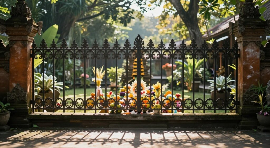 A serene and evocative scene depicting an intricate iron fence symbolizing spiritual protection, set within a lush, tranquil garden. In the foreground, the ornate iron fence is detailed with traditional Balinese patterns, casting delicate shadows on the ground. The middle ground showcases offerings, such as beautifully arranged flowers and fruits, encapsulating the essence of the Pagerwesi ceremony. In the background, gentle sunlight filters through the greenery, creating a warm and inviting atmosphere, with soft bokeh effects. Use a wide-angle lens to capture depth, focusing on the interplay of light and shadow. The mood should be contemplative and reverent, inviting viewers to reflect on the spiritual significance of the Pagerwesi ceremony and its protective symbolism.