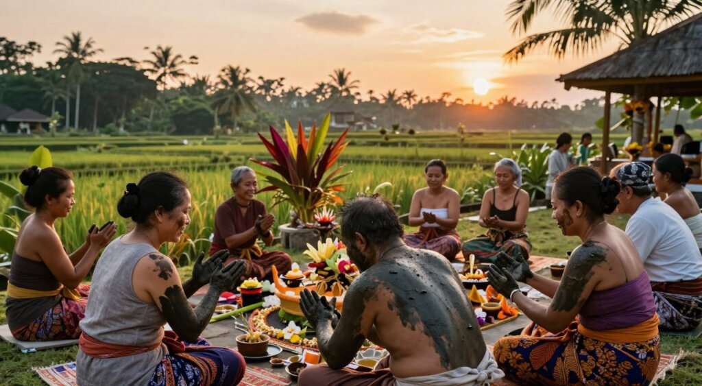 A serene and immersive scene showcasing a traditional mud ritual in Bali, focusing on holistic healing. In the foreground, a diverse group of participants, dressed in modest, colorful traditional Balinese attire, are engaging in the mud application process, gently applying rich, dark mud to their skin with joyful expressions. In the middle ground, lush tropical plants and sacred Balinese offerings are carefully arranged, enhancing the cultural authenticity. The background features a tranquil landscape with distant rice paddies and a softly glowing sunset, infusing the atmosphere with warmth and peace. The lighting should be soft and golden, reminiscent of the warm evening sun, capturing a moment of connection between nature and spirituality. The angle should be slightly elevated to encompass both the participants and the beautiful Bali scenery.