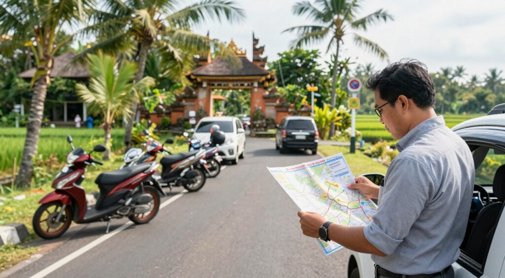 A serene and informative scene depicting Bali driving regulations, focusing on a paved road lined with lush tropical greenery under a bright, sunny sky. In the foreground, a professional individual dressed in smart casual attire is attentively studying a detailed map of Bali, highlighting the importance of possessing a valid driver's license. In the middle ground, a variety of motorbikes and cars can be seen parked, showcasing the diversity of transportation on the island. The background features iconic Balinese architecture, such as traditional gates and rice paddies, adding cultural context. Soft, natural lighting enhances the vibrant colors of the landscape, conveying a relaxed yet informative atmosphere. The image captures the essence of navigating Bali while emphasizing the necessity of understanding local driving laws.