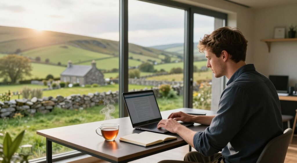 A serene and inspiring workspace depicting a digital nomad in Ireland, sitting at a stylish desk with a laptop open, immersed in work. In the foreground, a young professional in smart casual attire focuses on the screen, with an open notebook and a steaming cup of tea beside them. The middle ground features an expansive view of a lush green landscape through a large window, showcasing rolling hills and a historic stone cottage. In the background, soft sunlight filters in, casting warm, natural light across the scene, highlighting the inviting atmosphere of productivity and creativity. Capture this image with a warm tone, wide-angle lens, and a slightly elevated angle to convey a sense of space and inspiration. The overall mood should be calm, motivating, and reflective of modern remote work culture in Ireland.