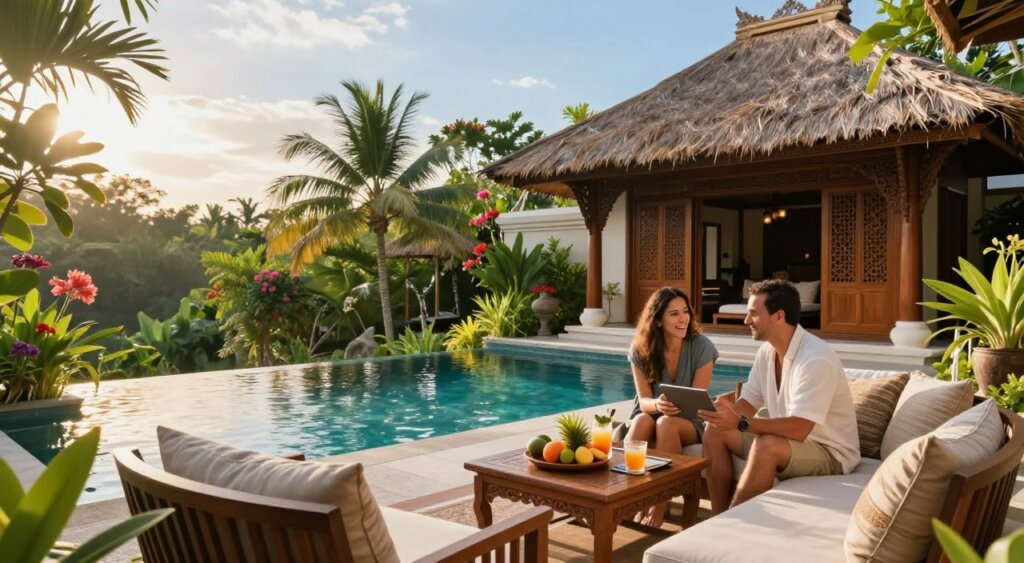 A serene and inviting Bali villa rental scene, showcasing a luxurious outdoor living area surrounded by lush tropical gardens. In the foreground, a cozy seating area with elegant wooden furniture and plush cushions, featuring a charming table set for two with local fruits and refreshments. In the middle ground, a stunning infinity pool reflects the sunlight, framed by vibrant flowers and greenery. The background displays a traditional Balinese architecture with thatched roofs and intricately carved wood details, set against a clear blue sky. Soft, warm lighting captures the afternoon sun, creating a tranquil and inviting atmosphere. A couple in modest casual clothing discusses options, exuding a sense of joy and excitement about their vacation choice. The composition is shot from a slightly elevated angle, giving depth to the scene while highlighting the beauty of the villa surroundings.