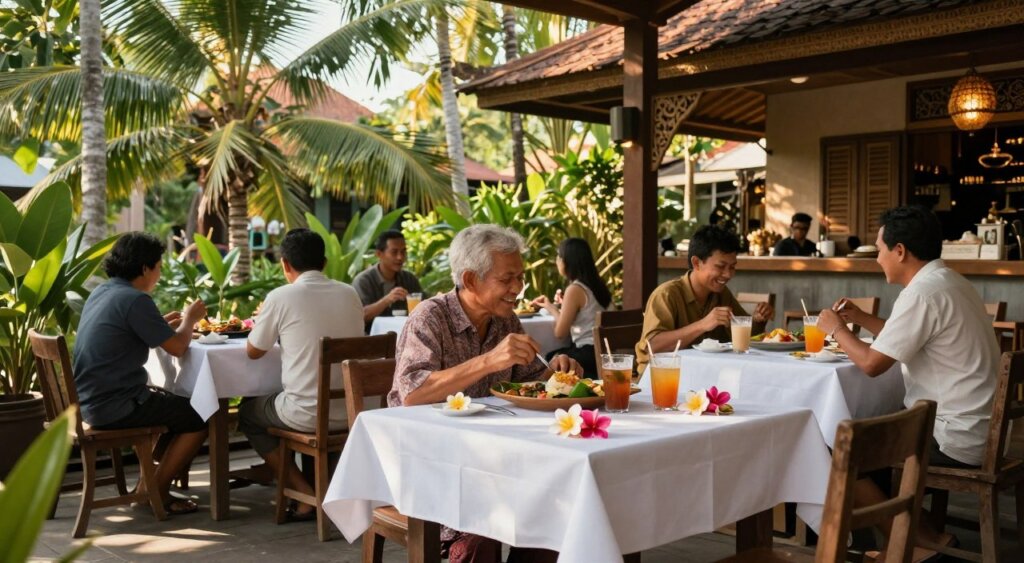 A serene and inviting Balinese café scene, showcasing Bali Bagus Café's authentic ambiance. In the foreground, a rustic wooden dining table draped with a crisp white tablecloth adorned with vibrant frangipani flowers. The middle features Balinese locals dressed in modest casual attire, enjoying traditional food and drinks, with friendly expressions and warm gestures. The background presents lush tropical greenery, palm trees swaying gently, and intricate Balinese architecture featuring ornate carvings. Soft, dappled sunlight filters through the leaves, casting a warm golden glow over the scene. Capture this image using a wide-angle lens to enhance the depth and detail, evoking a sense of tranquility and cultural richness. The atmosphere should feel inviting and harmonious, embodying the essence of Balinese hospitality.