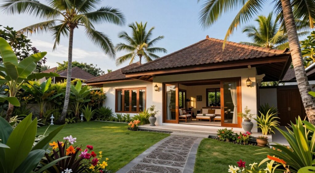 A serene and inviting Balinese long-term rental property, showcasing a beautifully designed villa surrounded by lush tropical gardens. In the foreground, there are vibrant flowers and an intricately carved stone pathway leading to the entrance. The middle area features the villa's open living space, complete with comfortable furniture and large glass doors that invite natural light. In the background, the tropical landscape extends towards a clear blue sky, framed by swaying palm trees. The lighting is warm and soft, evoking a relaxed atmosphere, captured in a slight golden hour glow. The angle is slightly elevated to provide a comprehensive view of the property and its serene surroundings, embodying the peace of expat living in Bali.