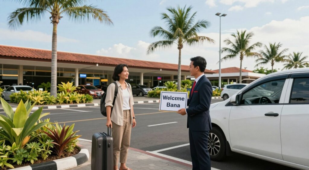 A serene and inviting airport transfer scene in Bali, showcasing a professional driver greeting a traveler outside the airport. In the foreground, the driver, dressed in smart business attire, holds a sign with a welcoming smile. The traveler, dressed in casual yet modest clothing, appears relaxed, holding a small suitcase. In the middle ground, a bright and clean airport parking lot is visible, adorned with lush tropical plants and a few palm trees swaying gently. The background features the iconic Bali airport architecture, under a clear blue sky with soft, diffused sunlight creating a warm atmosphere. Captured with a wide-angle lens to encompass depth and detail, this image conveys a mood of calm and efficiency, perfect for a stress-free travel experience.