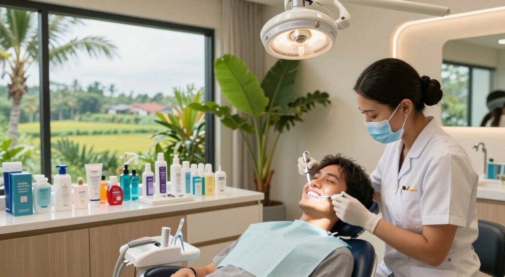 A serene and inviting dental clinic in Bali specializing in teeth whitening, featuring a sleek, modern interior with tropical decor elements. In the foreground, a dental professional in professional attire is demonstrating a teeth whitening procedure on a patient, who is comfortably seated and smiling. The middle ground displays an array of high-quality whitening products neatly organized on a counter, alongside a lush potted plant adding a touch of nature. The background shows large windows with a stunning view of Bali's iconic landscape, allowing natural light to flood the space, creating a warm and welcoming atmosphere. The soft lighting enhances the vibrant colors of the clinic while conveying a sense of professionalism and relaxation. The image captures the essence of effective and popular teeth whitening methods practiced in Bali.