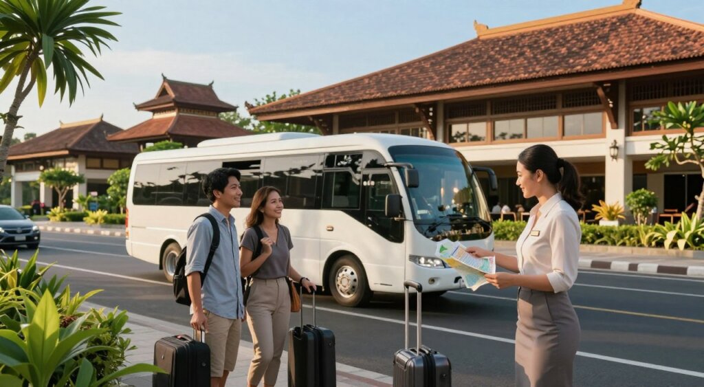 A serene and inviting scene depicting a smooth arrival experience at Bali’s Ngurah Rai International Airport. In the foreground, a professional-looking travel agent in modest business attire assists a couple of tourists, who are smiling and appearing relaxed, with their luggage and maps. In the middle ground, a modern airport shuttle awaits, ready to transport travelers to Seminyak, surrounded by lush greenery typically found in Bali. The background features an elegant airport terminal with traditional Balinese architecture, bathed in warm, natural afternoon light that filters through large windows. The atmosphere is calm and welcoming, embodying the ease and comfort of traveling in Bali, with a clear blue sky overhead, suggesting a perfect day for exploration.