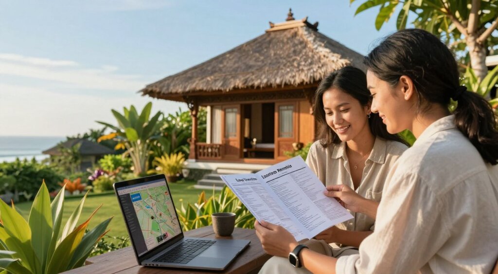A serene and inviting scene depicting the search for long-term rentals in Bali. In the foreground, a couple dressed in modest casual clothing examines a detailed rental brochure, highlighting beautiful Balinese houses with lush gardens. The couple appears engaged and hopeful, with a laptop open beside them displaying an interactive map of rental listings. In the middle ground, vibrant tropical greenery surrounds a traditional Balinese villa, showcasing its thatched roof and intricate wooden carvings. In the background, a clear blue sky frames a glimpse of the ocean, adding a tranquil ambiance. The soft warm lighting captures a golden hour glow, enhancing the welcoming atmosphere. The composition invites viewers to envision their future in Bali, combining elements of home and adventure in a picturesque setting.