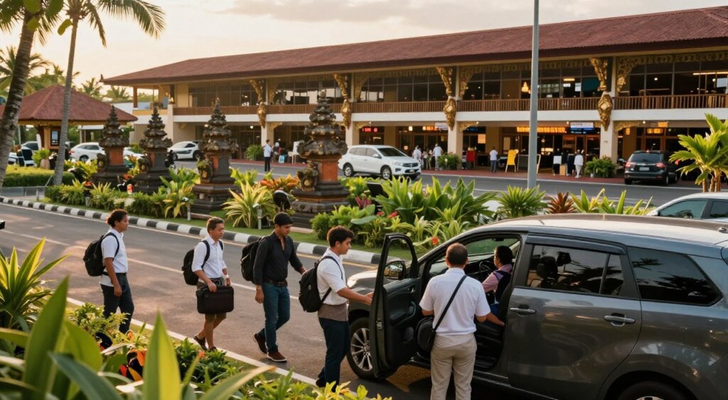 A serene and inviting scene illustrating a transfer from Bali's Ngurah Rai Airport to Seminyak. In the foreground, well-dressed travelers are seen loading luggage into a stylish, modern vehicle, exuding a sense of excitement and professionalism. The middle ground showcases lush greenery and iconic Balinese architecture, emphasizing the tropical paradise ambiance. In the background, the vibrant airport terminal can be glimpsed, adorned with traditional Balinese decorations and bustling activity. The image is bathed in warm, golden light, suggesting late afternoon, enhancing the relaxed and welcoming atmosphere of Bali. Capture this moment from a slightly elevated angle to provide depth while maintaining a focus on the mood of anticipation and adventure.