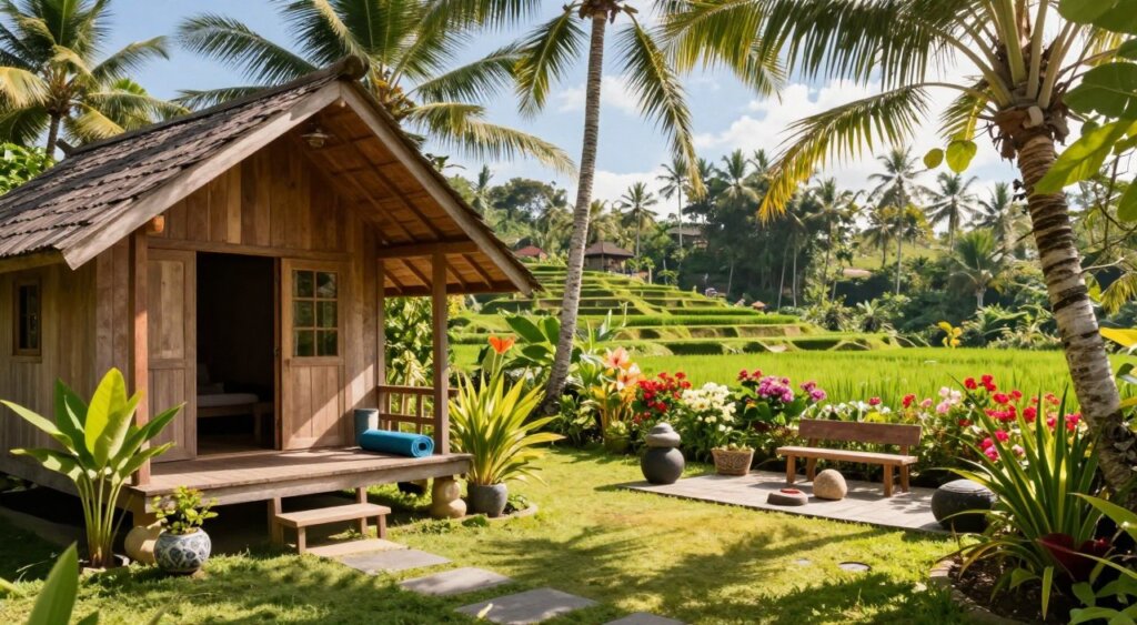 A serene and inviting scene of affordable accommodations for yoga teacher training in Bali. In the foreground, a cozy wooden cabin surrounded by tropical plants, featuring a small porch with yoga mats neatly rolled up and ready for practice. In the middle ground, a picturesque garden with vibrant flowers and a tranquil meditation area, complete with benches and decorative stones. In the background, a lush green landscape with rice terraces under a bright blue sky, dappled sunlight filtering through palm trees. The atmosphere feels peaceful and rejuvenating, evoking a sense of wellness and tranquility. Capture the image with natural lighting to enhance the warm tones, using a wide-angle lens to encompass both the accommodations and the surrounding nature. A serene and inviting scene of affordable accommodations for yoga teacher training in Bali. In the foreground, a cozy wooden cabin surrounded by tropical plants, featuring a small porch with yoga mats neatly rolled up and ready for practice. In the middle ground, a picturesque garden with vibrant flowers and a tranquil meditation area, complete with benches and decorative stones. In the background, a lush green landscape with rice terraces under a bright blue sky, dappled sunlight filtering through palm trees. The atmosphere feels peaceful and rejuvenating, evoking a sense of wellness and tranquility. Capture the image with natural lighting to enhance the warm tones, using a wide-angle lens to encompass both the accommodations and the surrounding nature.