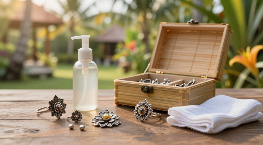 A serene and inviting scene showcasing a collection of exquisite Bali jewellery care items. In the foreground, delicate silver and gold Bali jewellery pieces, intricately designed with floral and oceanic motifs, are arranged alongside a bottle of gentle cleaning solution and a soft microfiber cloth. The middle ground features a bamboo jewelry box, elegantly open to reveal more beautiful pieces inside, hinting at the rich culture of Bali. The background is softly blurred, depicting a lush tropical garden with palm trees and vibrant flowers, bathed in warm, natural sunlight. The overall atmosphere is tranquil and restorative, emphasizing care and preservation. The image should have soft, diffused lighting, reminiscent of a golden hour glow, capturing the beauty and craftsmanship of the jewellery while suggesting an inviting, nurturing mood.