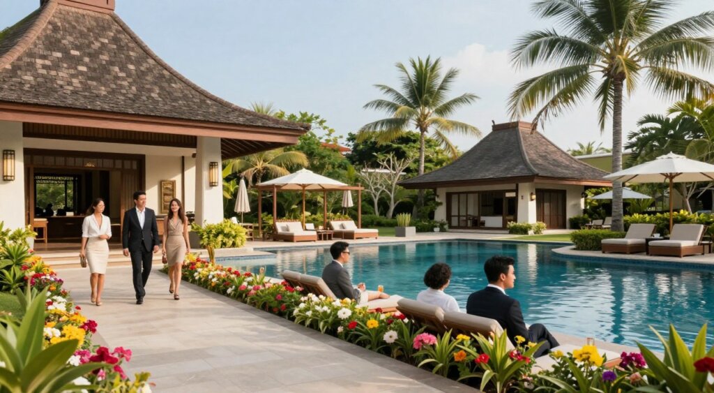 A serene and inviting view of the Amnaya Resort Kuta, showcasing its elegant architecture and lush tropical surroundings. In the foreground, a well-maintained pathway lined with vibrant flowers leads to the resort entrance, while guests in professional business attire casually enjoy their experience. In the middle, the stunning pool reflects the sunlight, surrounded by comfortable loungers and shaded seating areas. The background features the resort's beautifully landscaped gardens and palm trees against a clear blue sky. Soft, natural daylight bathes the scene, creating a warm and welcoming atmosphere, while a slight depth of field focuses attention on the guests' pleased expressions, capturing the essence of positive reviews and testimonials.