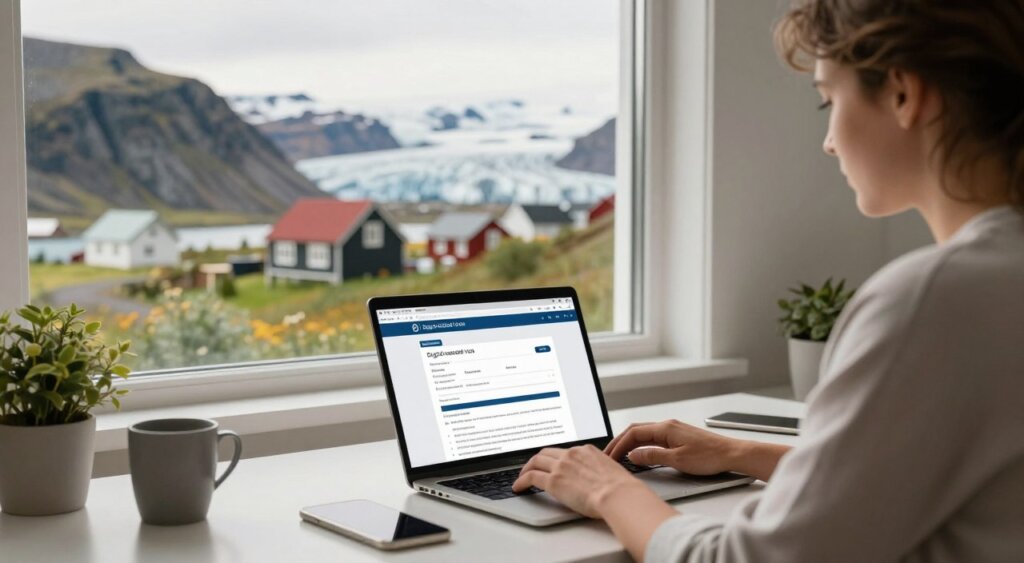 A serene and inviting workspace set against the breathtaking backdrop of Iceland's dramatic landscape, featuring a modern desk with a laptop displaying a digital nomad visa application form. In the foreground, a focused individual in professional casual attire is typing, embodying concentration and ambition. The middle ground should include an open window revealing a view of majestic mountains and glacial rivers, bathed in natural sunlight, creating a warm and inspiring atmosphere. The background depicts iconic Icelandic elements such as colorful houses and lush greenery. The lighting is soft and bright, highlighting the details of the workspace, while a shallow depth of field draws attention to the person and the application process. The overall mood is aspirational and peaceful, evoking thoughts of adventure and opportunity for digital nomads.