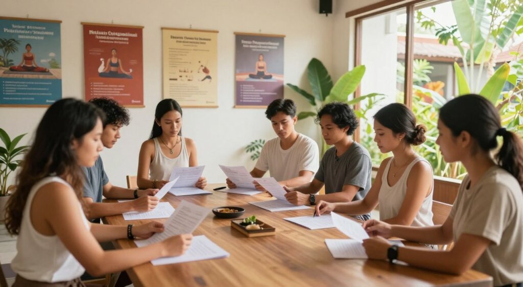 A serene and inviting yoga studio in Bali, showcasing a well-organized layout of curriculum specializations for an accredited yoga teacher training program. In the foreground, a diverse group of five students, dressed in modest, professional yoga attire, examine printed materials and charts on a large wooden table. The middle ground features colorful posters of various yoga styles and mindfulness practices hanging on the walls. In the background, lush tropical plants and a bright window filter soft, natural sunlight into the room, creating a warm, tranquil atmosphere. The overall mood is one of focus and inspiration, ideal for those considering their training options. Capture the image with a warm tone, utilizing a shallow depth of field to emphasize the students and table while slightly blurring the background. A serene and inviting yoga studio in Bali, showcasing a well-organized layout of curriculum specializations for an accredited yoga teacher training program. In the foreground, a diverse group of five students, dressed in modest, professional yoga attire, examine printed materials and charts on a large wooden table. The middle ground features colorful posters of various yoga styles and mindfulness practices hanging on the walls. In the background, lush tropical plants and a bright window filter soft, natural sunlight into the room, creating a warm, tranquil atmosphere. The overall mood is one of focus and inspiration, ideal for those considering their training options. Capture the image with a warm tone, utilizing a shallow depth of field to emphasize the students and table while slightly blurring the background.