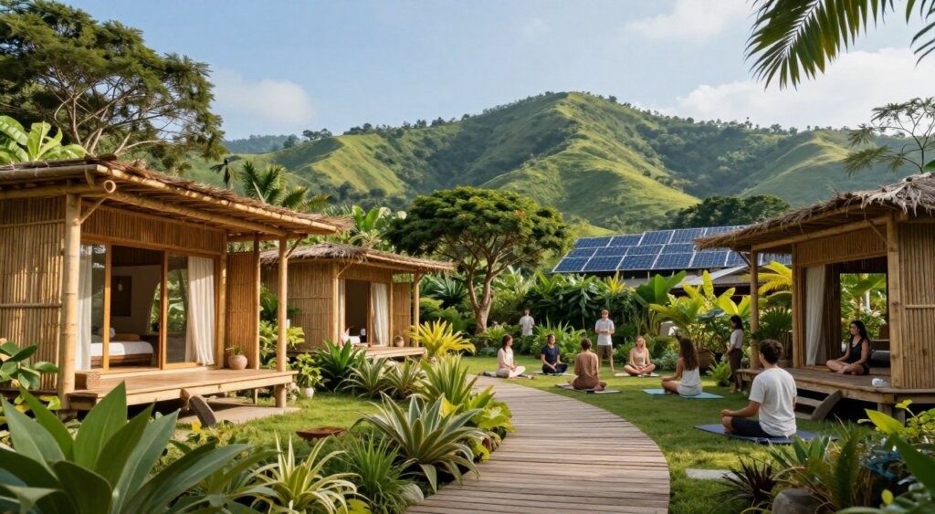 A serene and lush sustainable retreat nestled in a tropical landscape, showcasing eco-friendly architecture harmoniously integrated with nature. In the foreground, bamboo cabanas with large windows invite natural light, surrounded by thriving native plants and a peaceful pathway made of reclaimed wood leading to a meditation area. The middle ground features guests in modest casual clothing engaging in mindful activities, such as yoga and gardening, emphasizing the community aspect of sustainability. In the background, vibrant green hills rise under a clear blue sky, with solar panels glistening in the sunlight. The atmosphere is calm and inspiring, with soft, warm lighting creating a welcoming and tranquil mood, captured through a wide-angle lens to enhance the expansive natural beauty.
