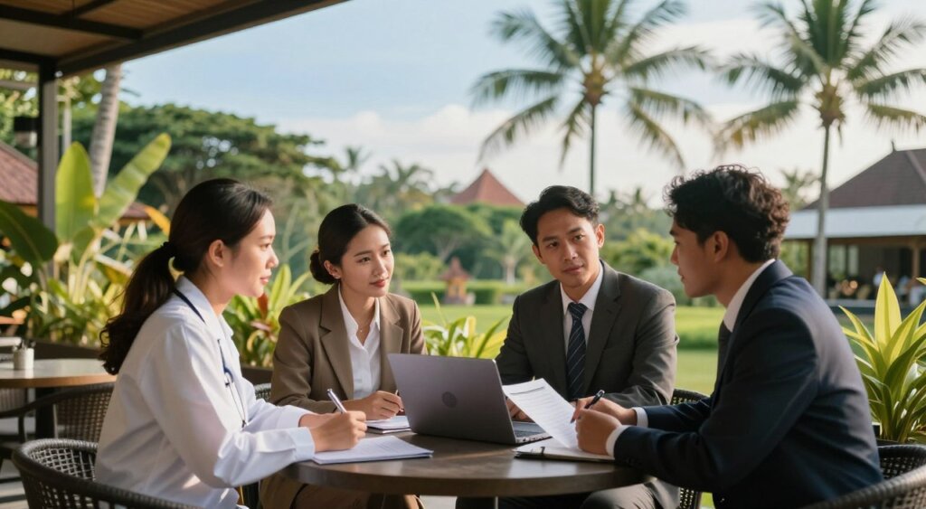 A serene and professional image illustrating the concept of international health insurance in Bali. In the foreground, a diverse group of three individuals, dressed in professional business attire, are engaged in a discussion over a laptop and paperwork at a stylish outdoor café with tropical plants. In the middle ground, a vibrant mix of Bali's lush greenery and traditional architecture serves as a backdrop, hinting at the island's culture. The background features a clear blue sky and palm trees swaying gently in the breeze, creating a warm and inviting atmosphere. The image should have soft, natural lighting, reminiscent of a late afternoon, producing a warm glow. The composition should convey a focus on professionalism and inquiry, emphasizing the theme of healthcare in an expatriate context while maintaining clarity and quality typical of National Geographic photography.