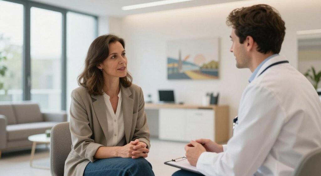 A serene and professional scene depicting a digital nomad consulting with a healthcare professional in a modern Dutch clinic. In the foreground, a middle-aged professional woman dressed in smart casual attire is engaged in conversation with a healthcare provider, who is wearing a white coat and has a friendly demeanor. In the background, sleek, contemporary design elements of the clinic are visible, with large windows allowing natural light to flood in, creating a warm atmosphere. On a wall, art that reflects Dutch culture subtly enhances the setting. The lighting is soft yet bright, enhancing the feeling of trust and security in healthcare. This image should convey the reassurance and quality of healthcare available to digital nomads in the Netherlands, focusing on professionalism and accessibility.